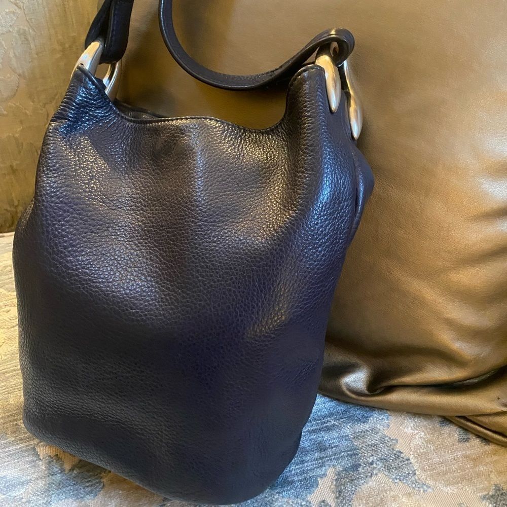 Libaire dark Navy Blue Leather Shoulder Bag with Silver Accents